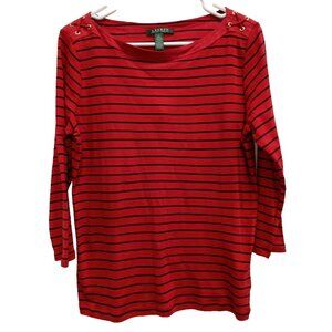 Lauren Ralph Lauren Womens Top Large Red Striped 3/4 Sleeve Preppy Casual